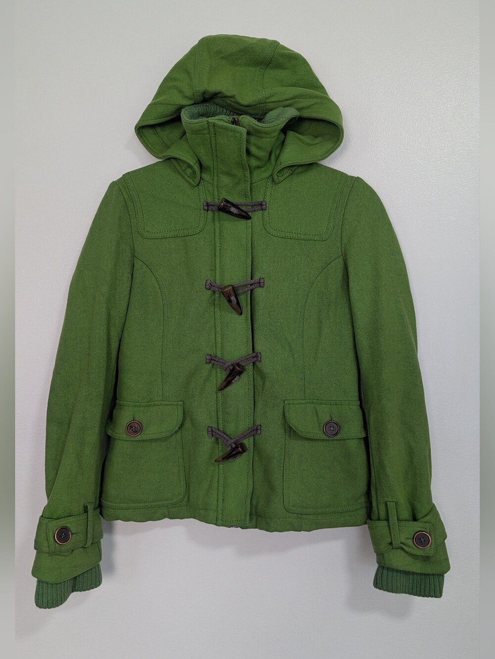 Vintage 90s Y2K Delia's Size Small Green Wool Blend Hooded Toggle Coat